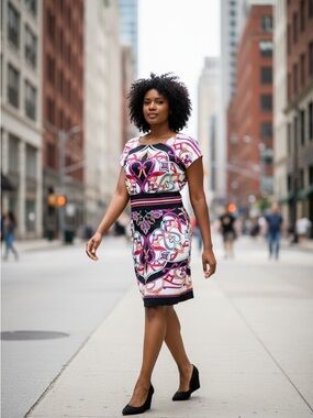 Nicole by Nicole Miller Pink and Black Abstract Midi Sheath Dress Plus Size 16